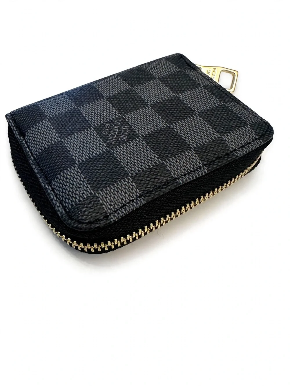 Graphite Check Zip Card Holder with Gold-Tone Pull